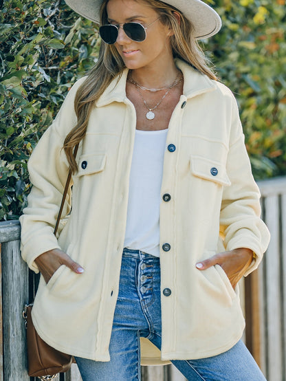 Beige Collared Button-Up Shirt Jacket