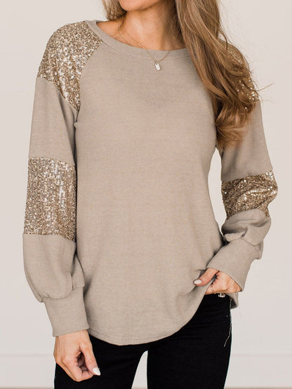 French Beige Sequin Embellished Long Sleeve Blouse