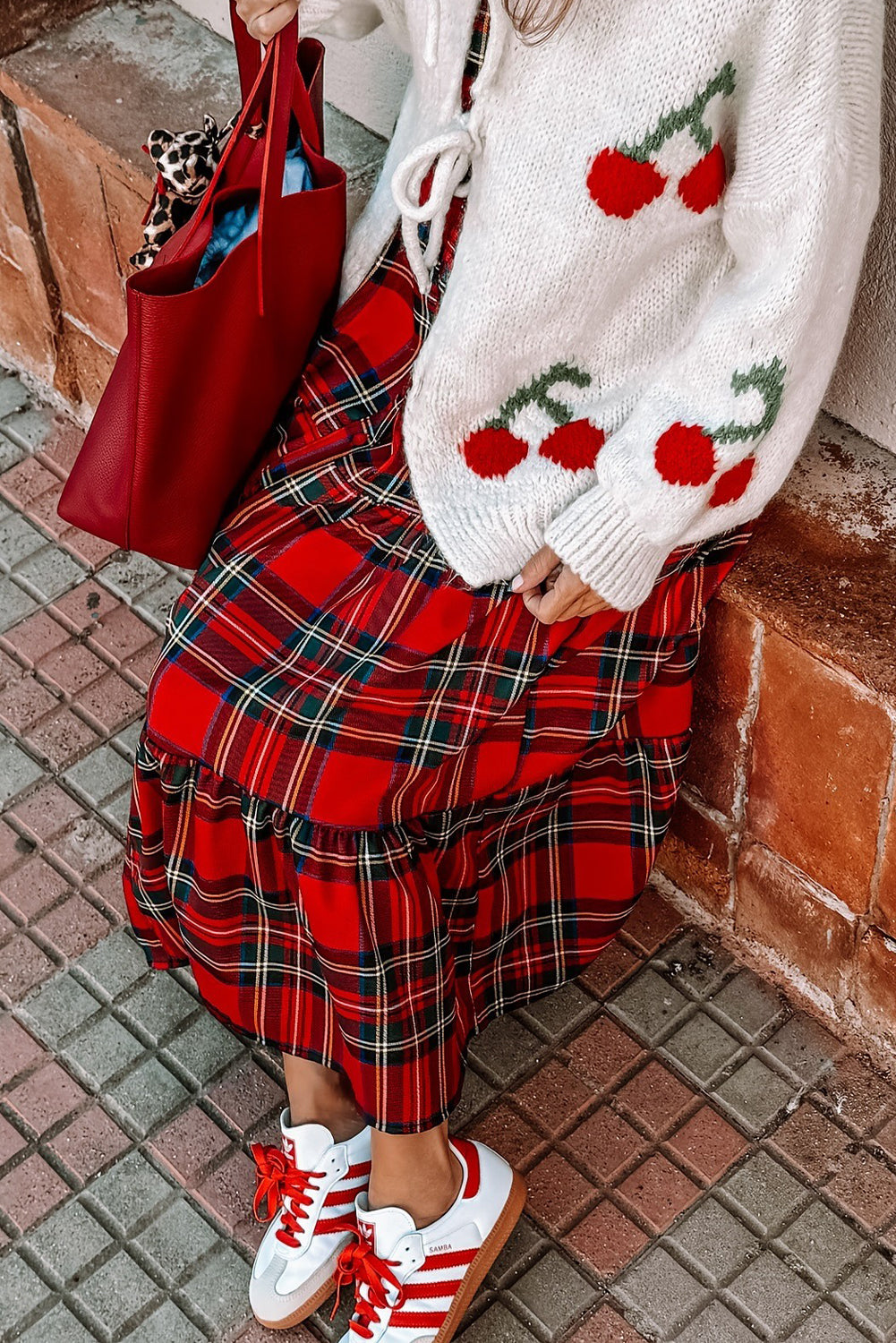 Red Plaid Long Sleeve Shirt Collar Button Down Ruffle Tiered Long Dress