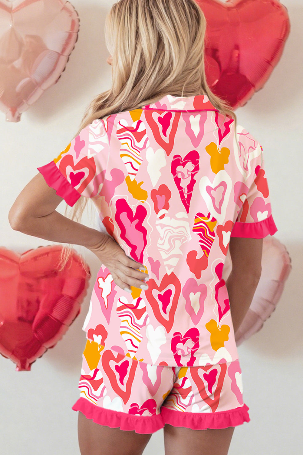 Pink Whimsical Heart Print Ruffle Trim Short Sleeve Pajama 2pcs Set