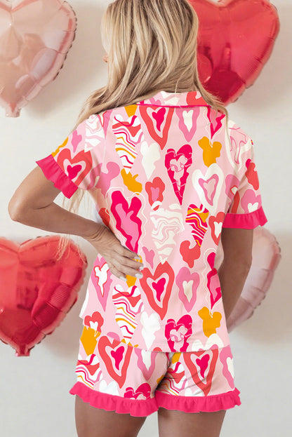 Pink Whimsical Heart Print Ruffle Trim Short Sleeve Pajama 2pcs Set
