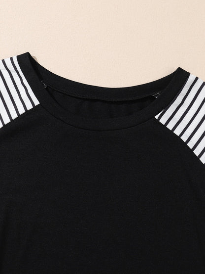 Black Plus Size Striped Leopard Patch Sleeve Ruffle Tiered Dress