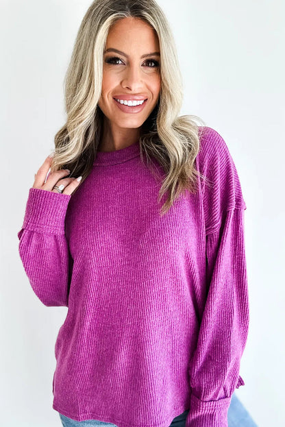 Bright Pink Solid Color Ribbed Knit Raw Seam Long Sleeve Top