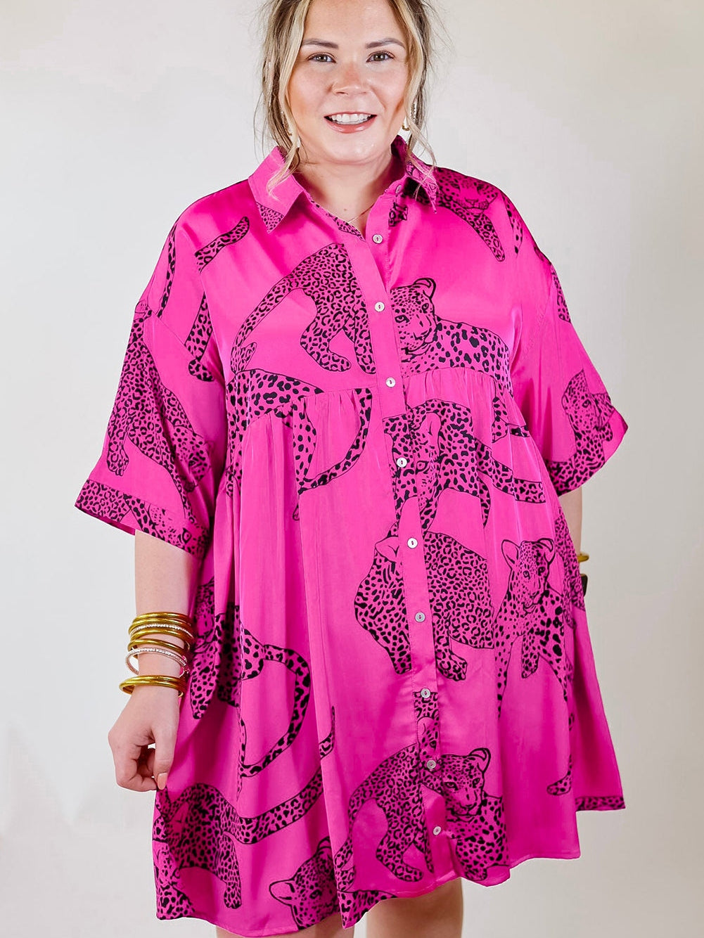 Rose Cheetah Print Half Sleeve Buttoned Plus Size Mini Dress