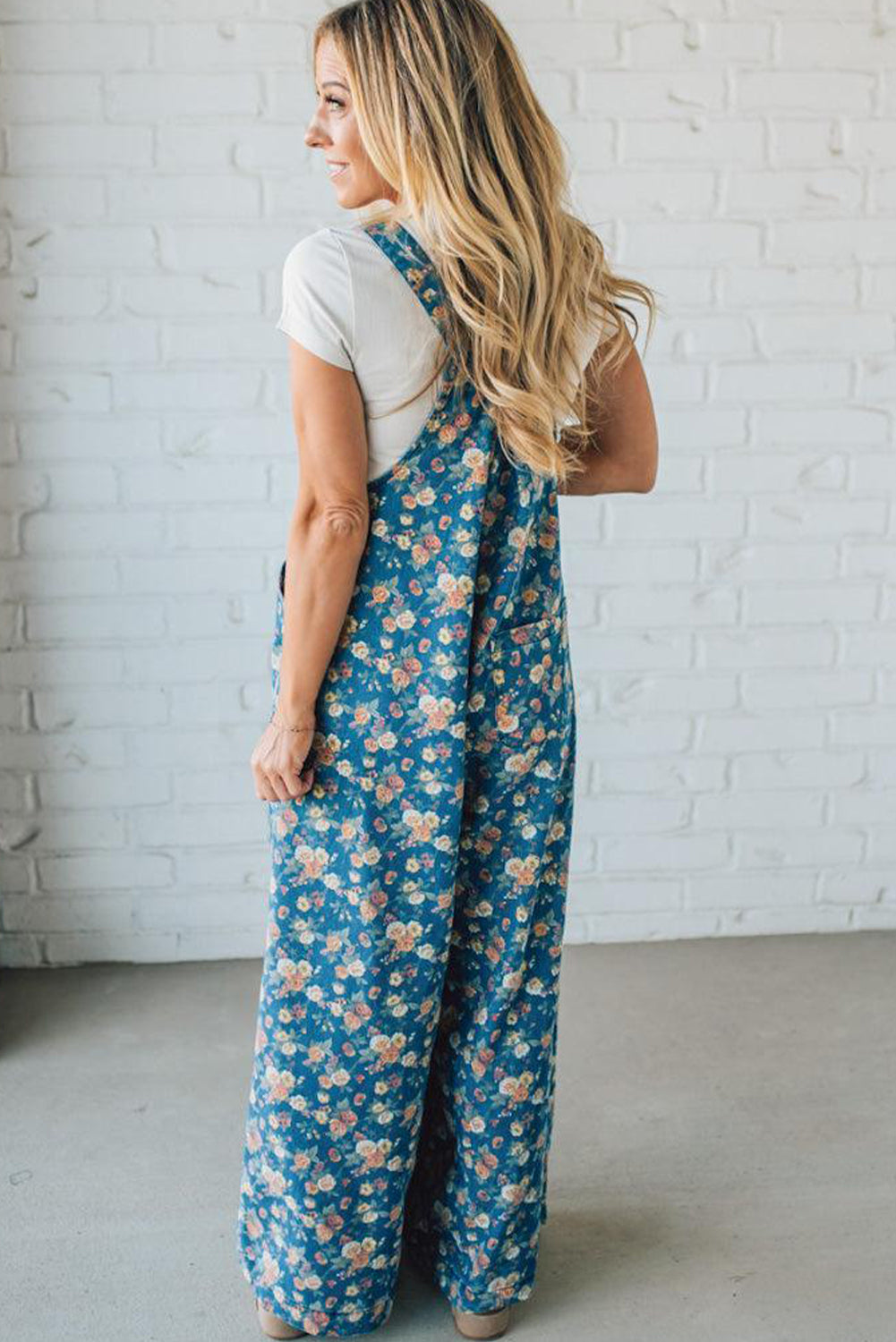 Blue Vintage Rose Printed Pleated Loose Denim Overall Jumpsuit