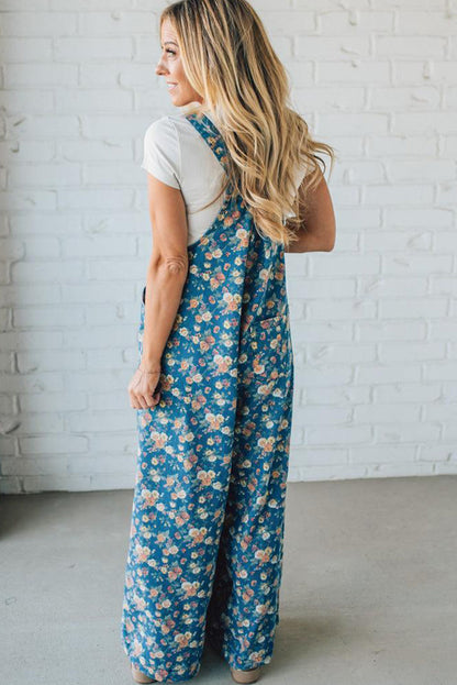 Blue Vintage Rose Printed Pleated Loose Denim Overall Jumpsuit