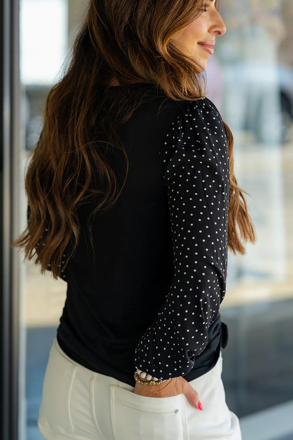 Black Polka Dot Chiffon Long Sleeve Patchwork Round Neck Blouse