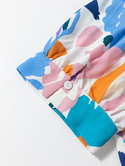 Sky Blue Geometric Print Puff Sleeve V Neck Top for Curvy Fashionistas