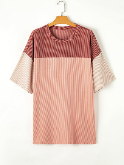 Rose Pink Plus Size Ribbed Colorblock T-shirt