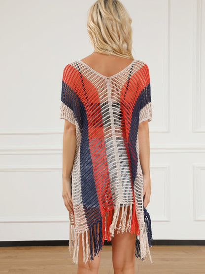 Beach Ready Striped Crochet Tassel Cover Up Dress