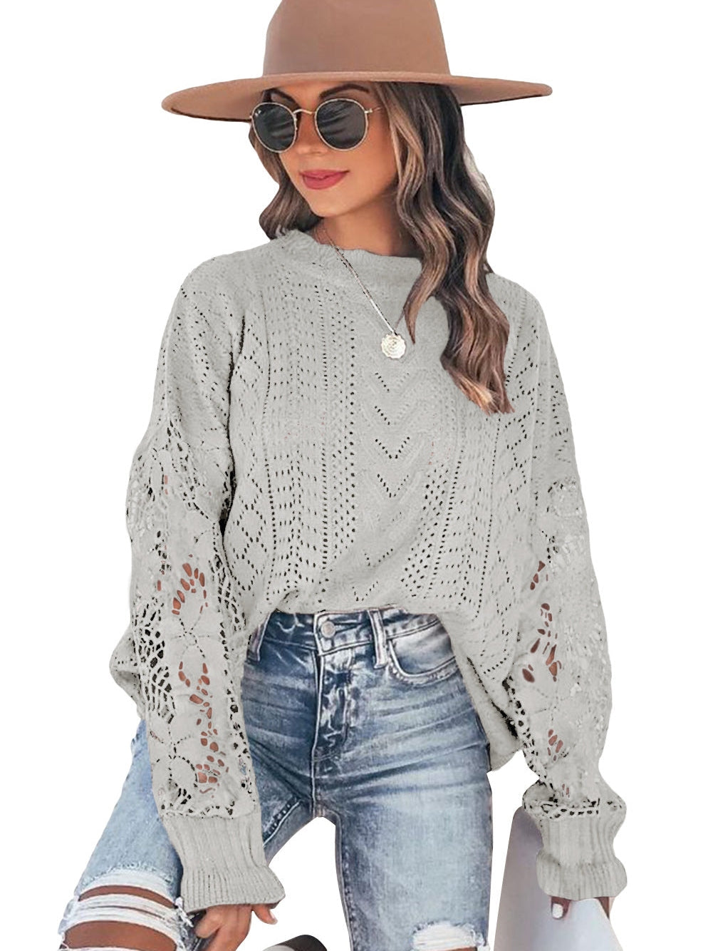 Gray Scallop Neck Crochet Lace Knit Sweater