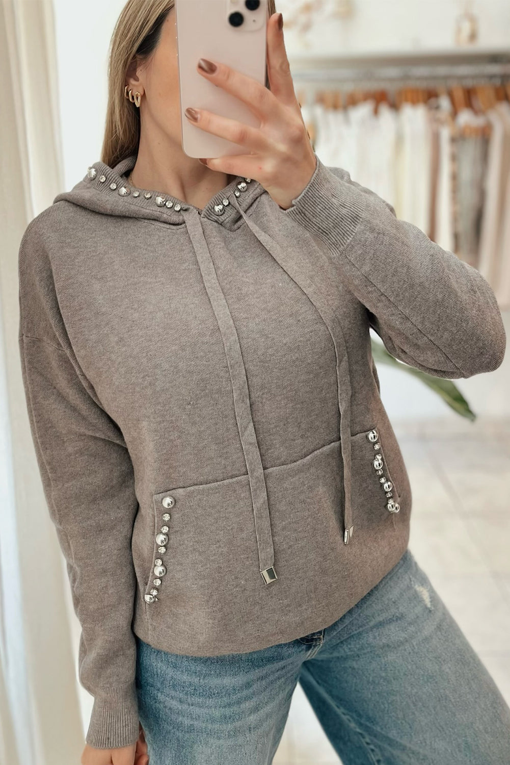 Gray Rivet Rhinestone Decor Hooded Sweater with Kangaroo Pocket