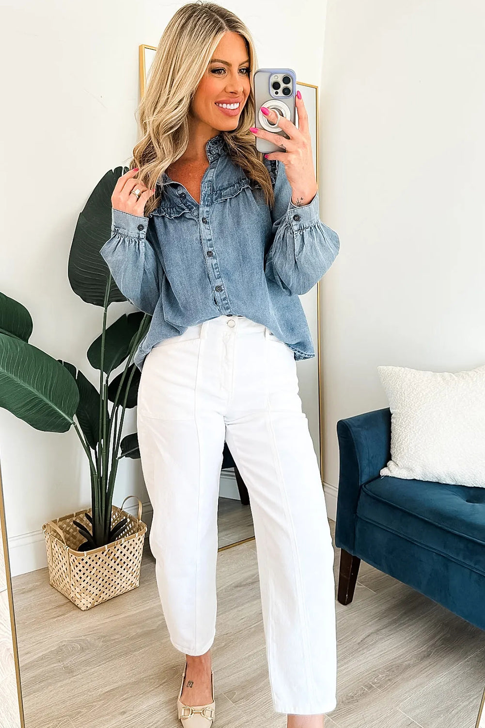 Dusk Blue Frilled Detail Button Down Chambray Shirt