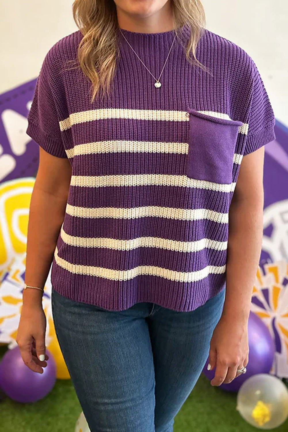 Purple Stripe Raw Edge Patched Pocket Short Sleeve Knit Sweater
