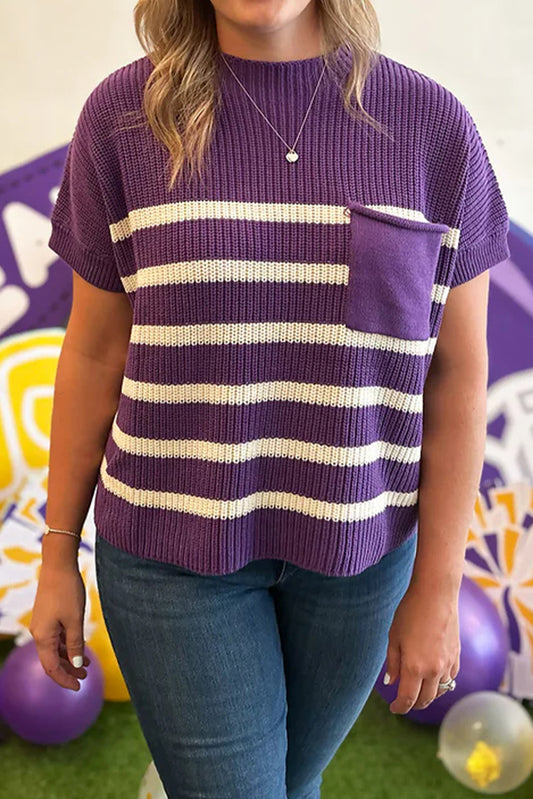 Purple Stripe Raw Edge Patched Pocket Short Sleeve Knit Sweater