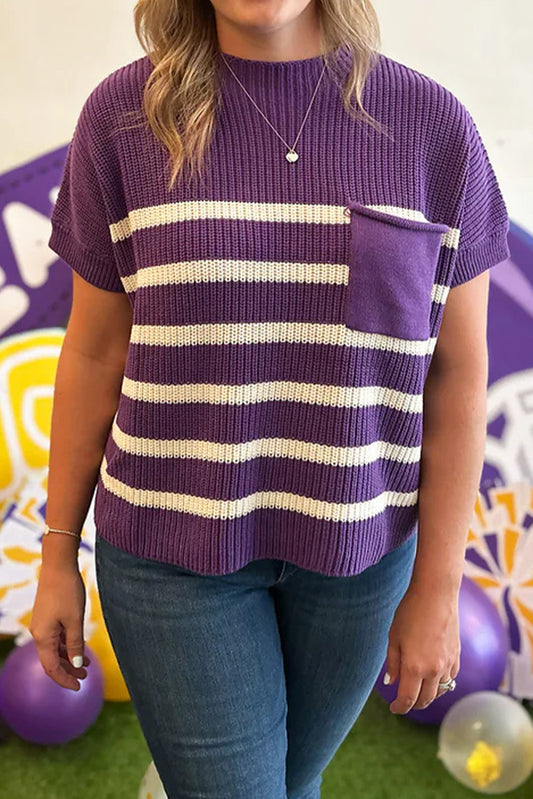 Purple Stripe Raw Edge Patched Pocket Short Sleeve Knit Sweater