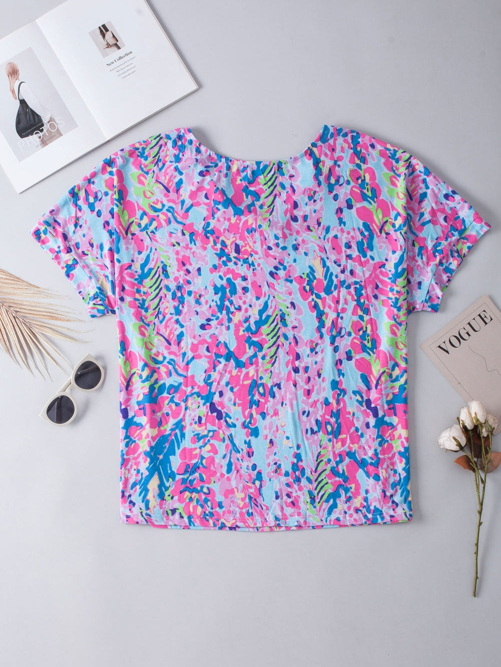 Sky Blue Floral Print Ruffle Sleeve Plus Size V Neck Top