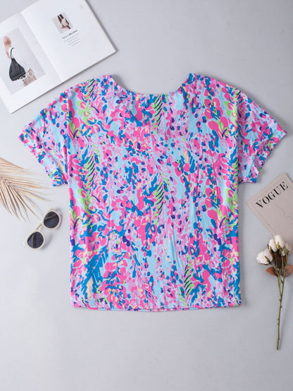 Sky Blue Floral Print Ruffle Sleeve Plus Size V Neck Top