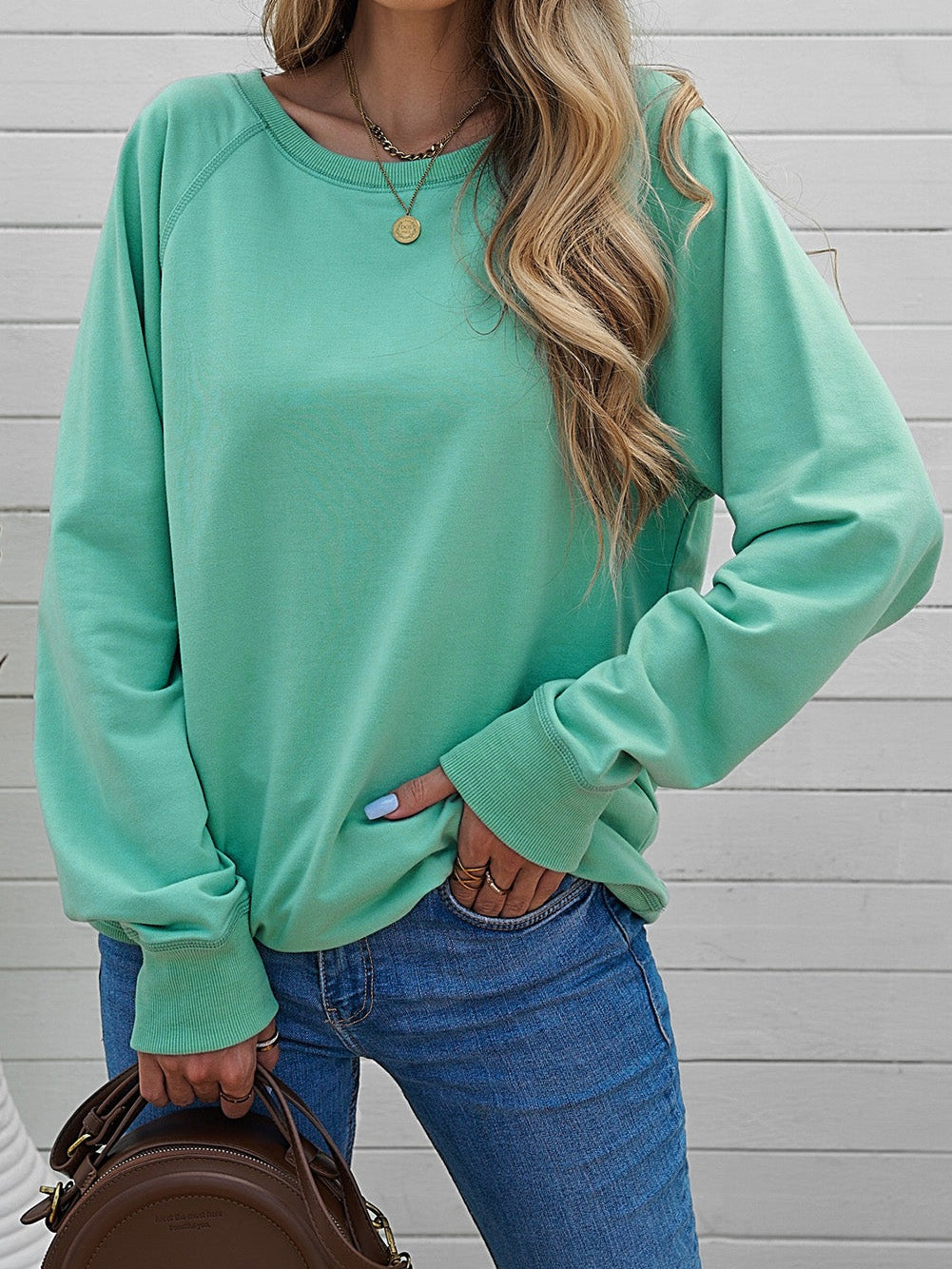Green Crew Neck Long Sleeve Sweatshirt with Distressed Detail