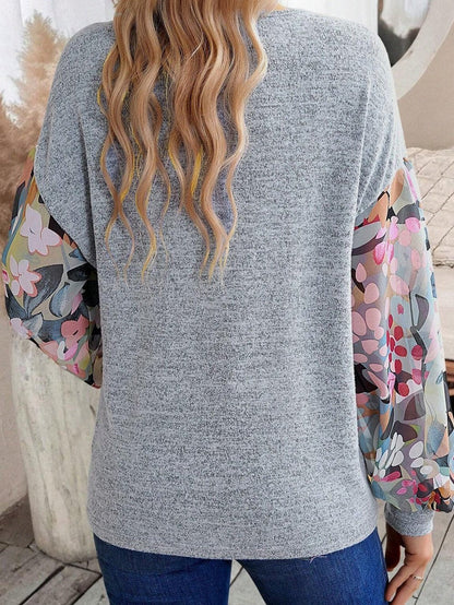 Elegant Gray Floral Lantern Sleeve V-Neck Blouse