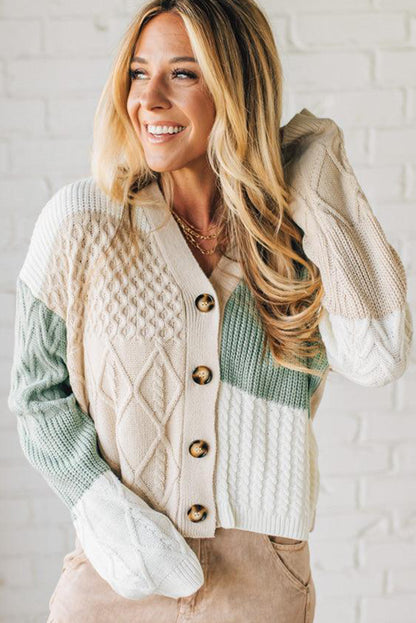Parchment Mix Texture Knitted Color Block Button Down V Neck Sweater Cardigan