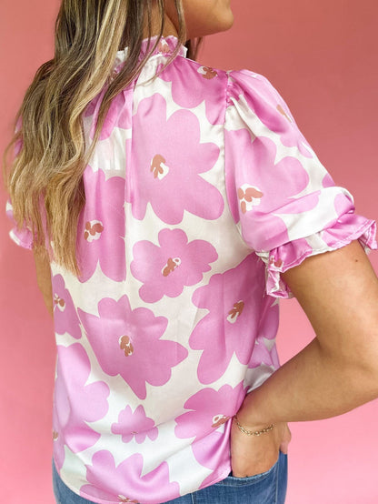 Purple Floral Ruffled Mock Neck Puff Sleeve Plus Size Blouse