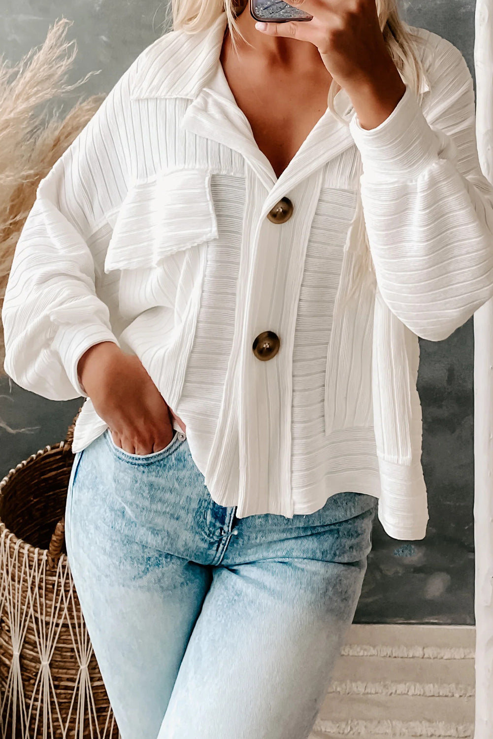 White Ribbed Knit Big Patched Chest Pocket Collared Shacket