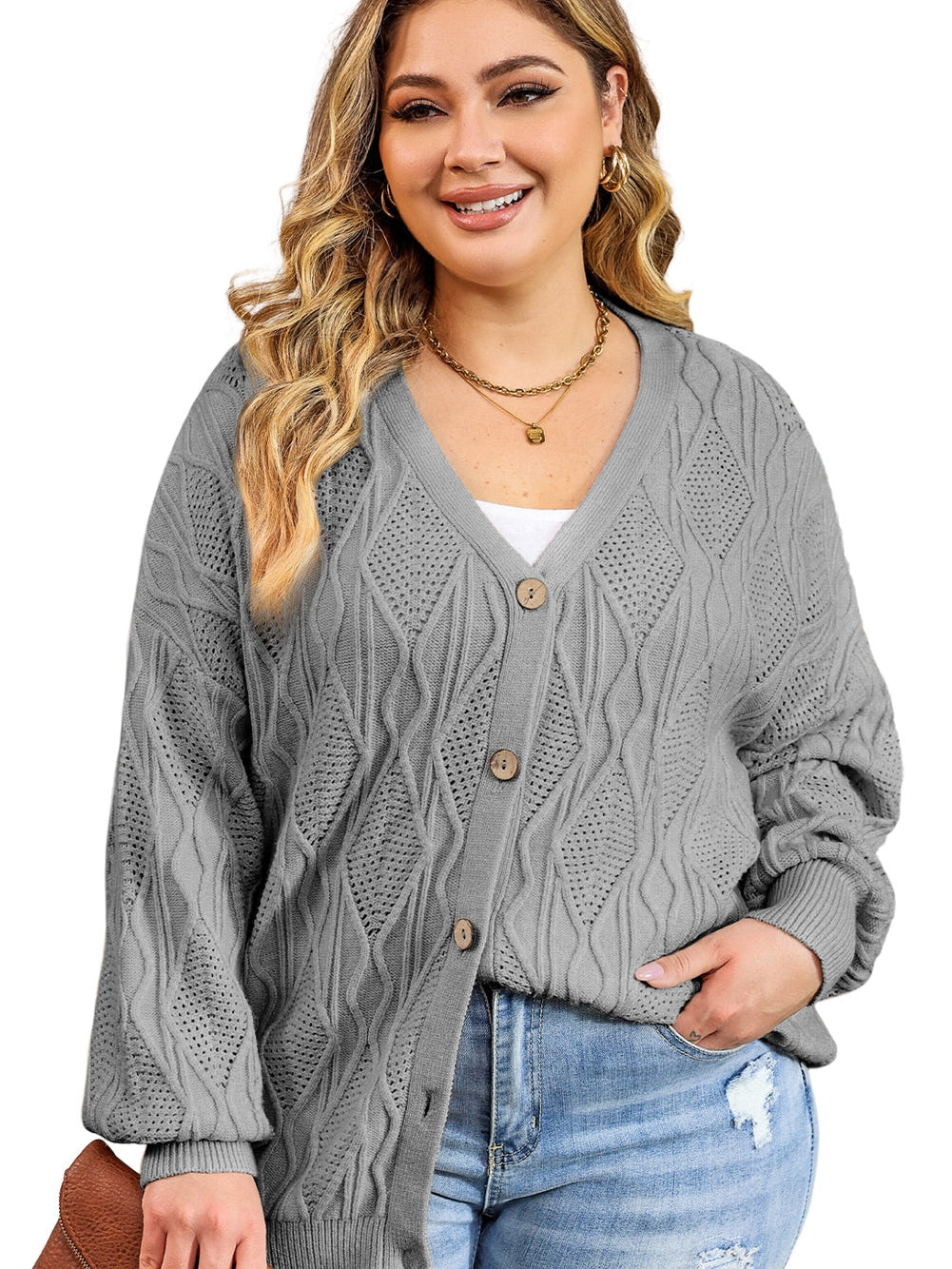 Cozy Gray Hollow Knit Plus Size Button-Up Cardigan