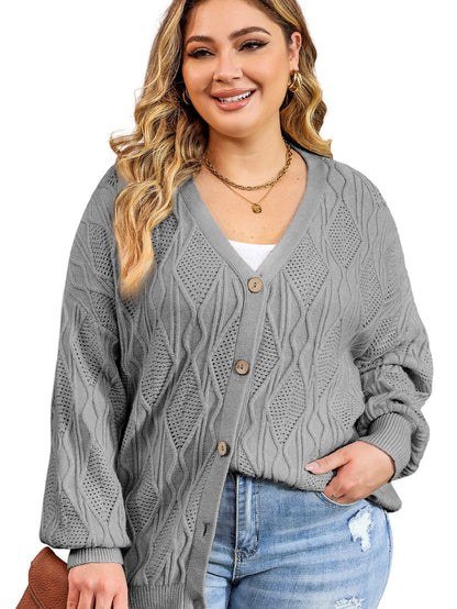 Cozy Gray Hollow Knit Plus Size Button-Up Cardigan