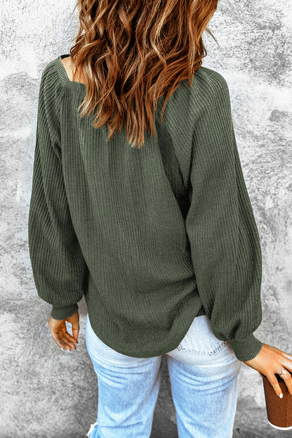 Green Square Neck Loose Fit Waffle Knit Long Sleeve Top