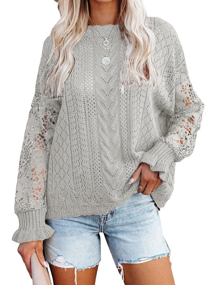 Gray Scallop Neck Crochet Lace Knit Sweater