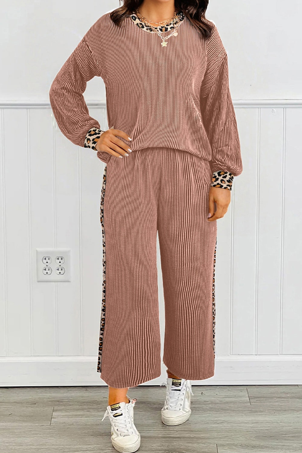 Straw Yellow Twisted Rib Texture Leopard Patchwork Detail 2pcs Pant Set