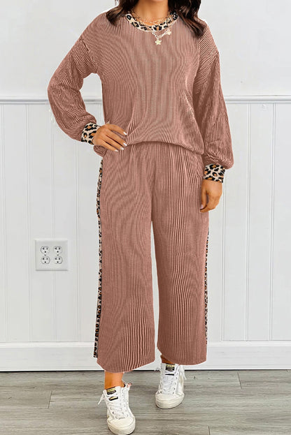 Straw Yellow Twisted Rib Texture Leopard Patchwork Detail 2pcs Pant Set