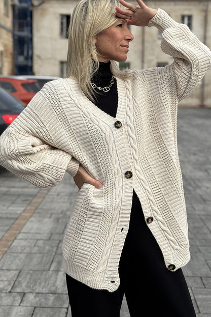 Beige Cable Knit Button V Neck Oversize Sweater Cardigan