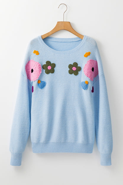 Light Blue Knitted Flower Pattern Ribbed Edge Sweater
