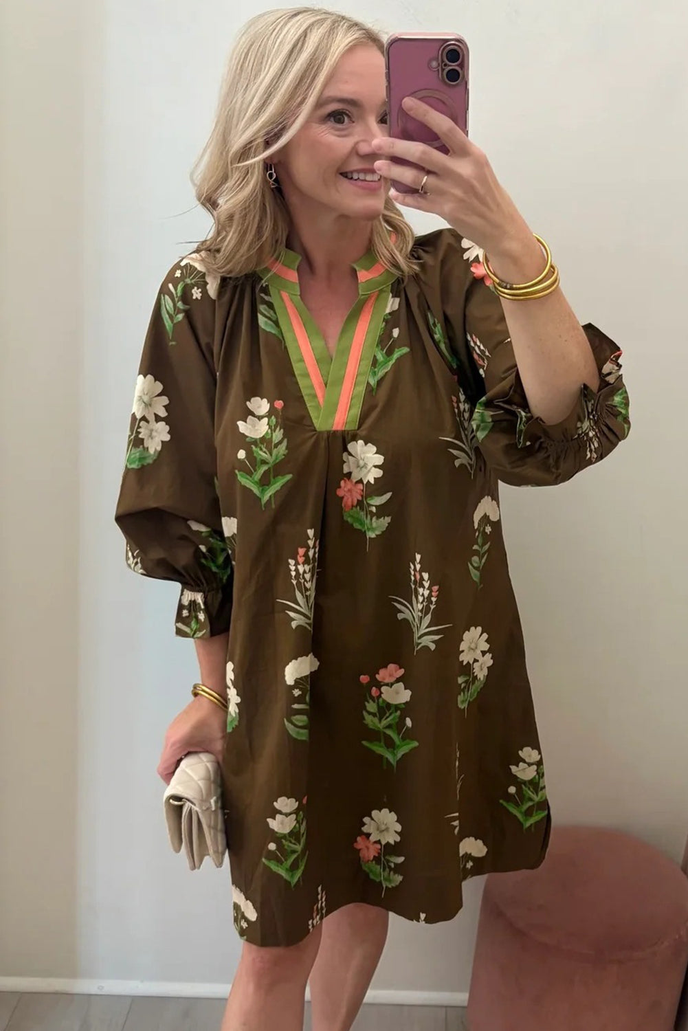 Brown Floral Print Striped Contrasted V Neck Flounced Bracelet Sleeve Shift Dress