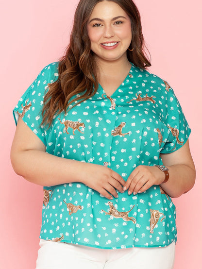 Green Cheetah Print V Neck Short Sleeve Plus Top