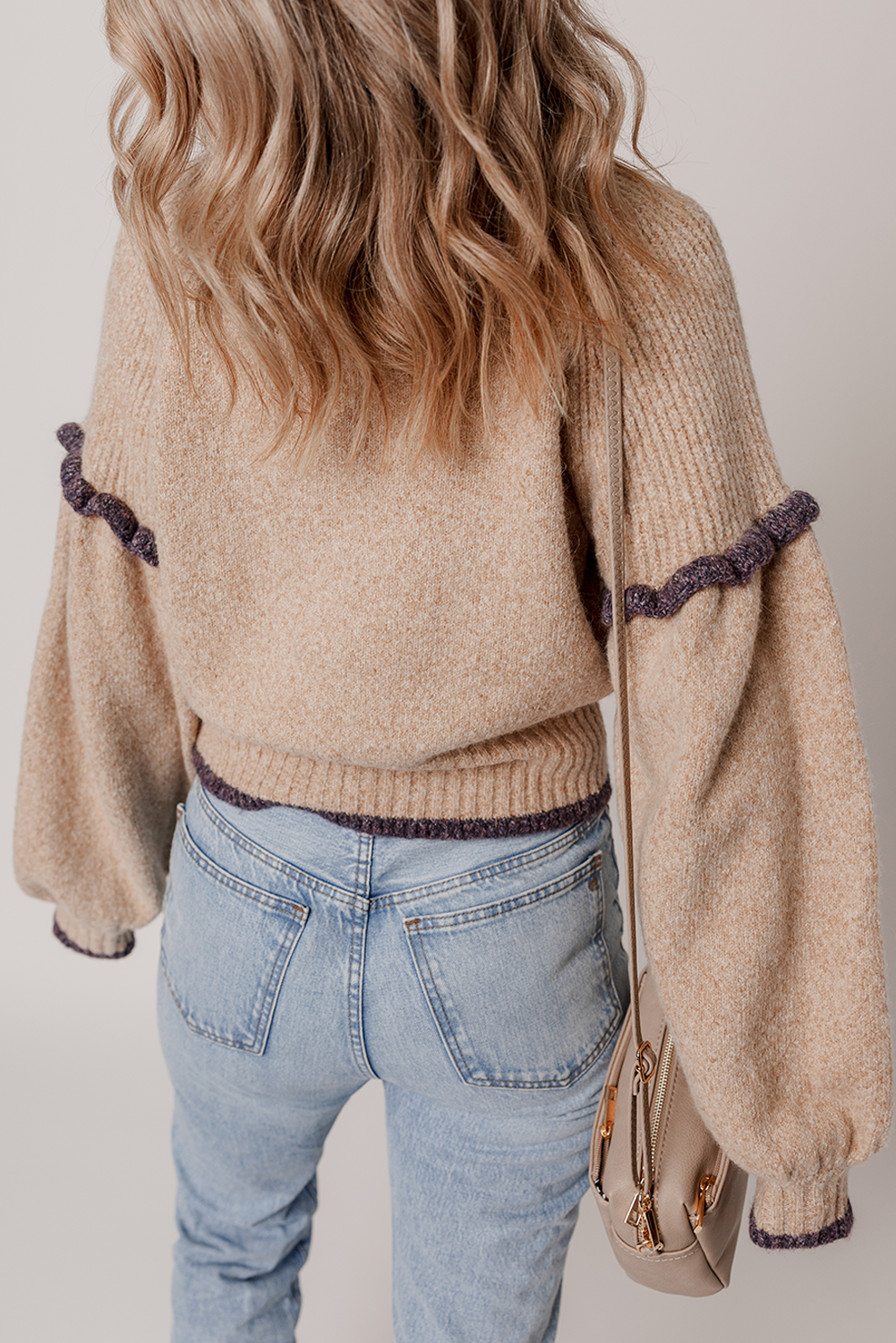 Smoke Gray Ribbed Texture Mixed Contrast Trim High Neck Drop Shoulder Sweater