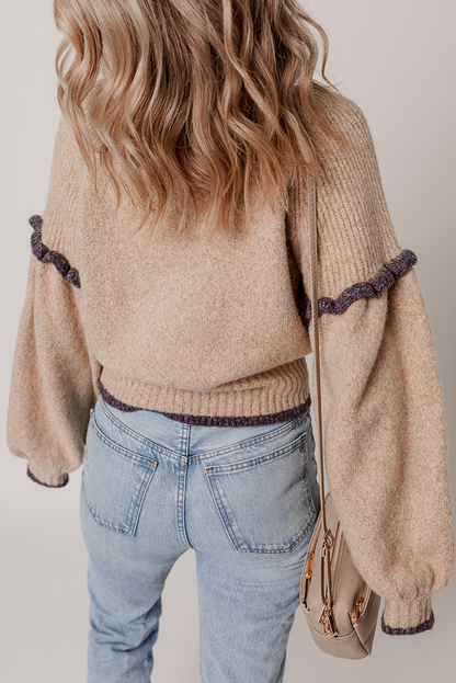 Smoke Gray Ribbed Texture Mixed Contrast Trim High Neck Drop Shoulder Sweater