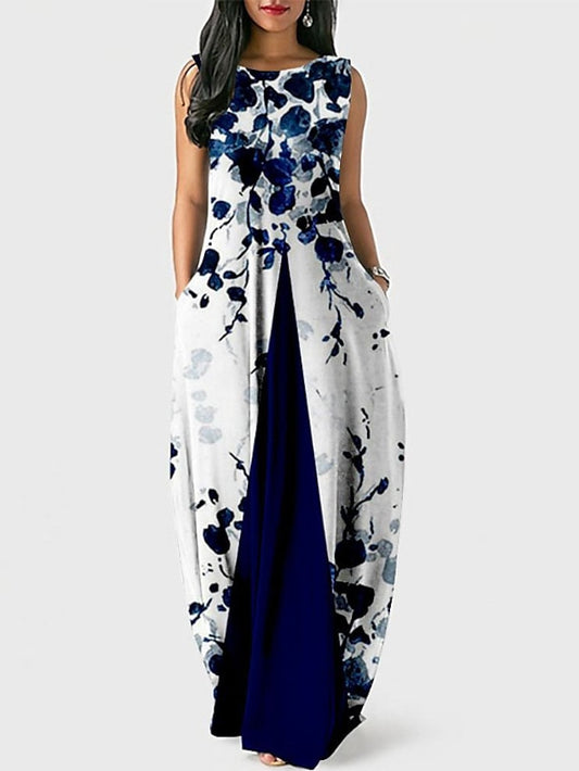 Women's Dress - Party Dress Shift Dress Long Dress Maxi Dress Blue Wine Dark Blue Sleeveless Floral Pocket Spring Summer Crew Neck Party 2023 S M L XL XXL 3XL