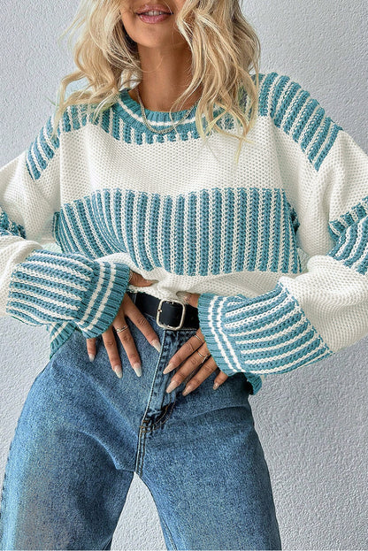 Light Blue Two Tone Striped Patchwork Drop Shoulder Loose Sweater