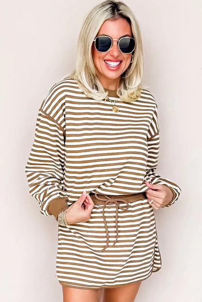 Brown Stripe Textured Drop Shoulder Pullover Top Drawstring Mini Skirt Two Piece Dress Set