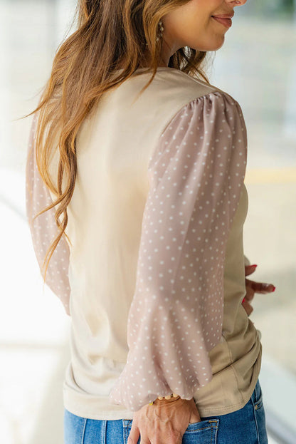 Parchment Polka Dot Chiffon Long Sleeve Patchwork Round Neck Blouse