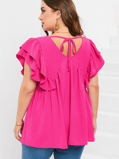Pretty in Pink V-Neck Ruffle Tunic Top with Tie Back