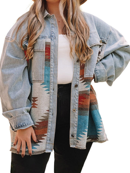 Sky Blue Denim Aztec Print Plus Size Shacket