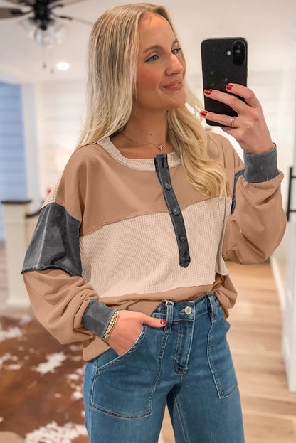 Khaki Color Block Waffled Patchwork Loose Henley Top