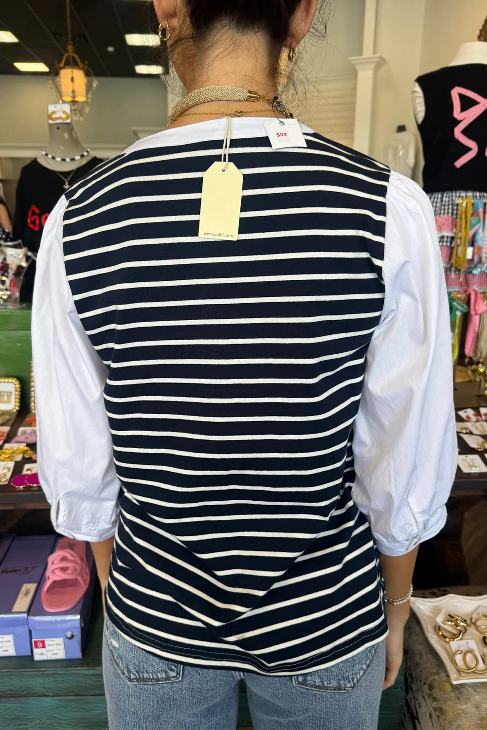 Black Stripe Half Placket V Neck Contrast 3/4 Sleeve Patchwork Top