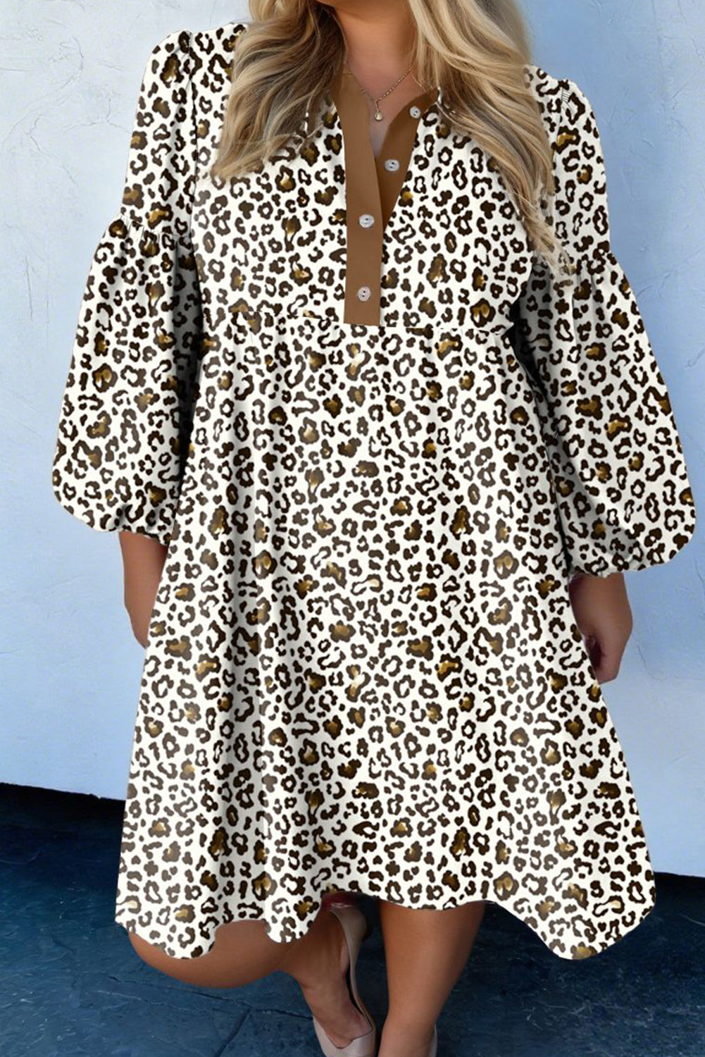 Khaki Plus Size Button V Neck Leopard Print Puff Sleeve Loose Mini Dress