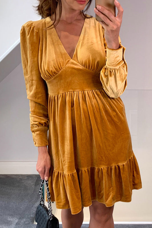 Golden Apricot Velvet Long Sleeve V Neck High Waist Ruffled Mini Dress