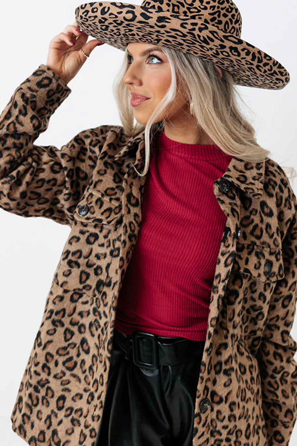 Khaki Button Flap Pocket Leopard Fleece Shacket